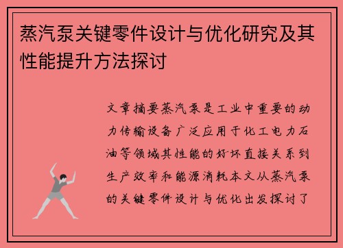 蒸汽泵关键零件设计与优化研究及其性能提升方法探讨